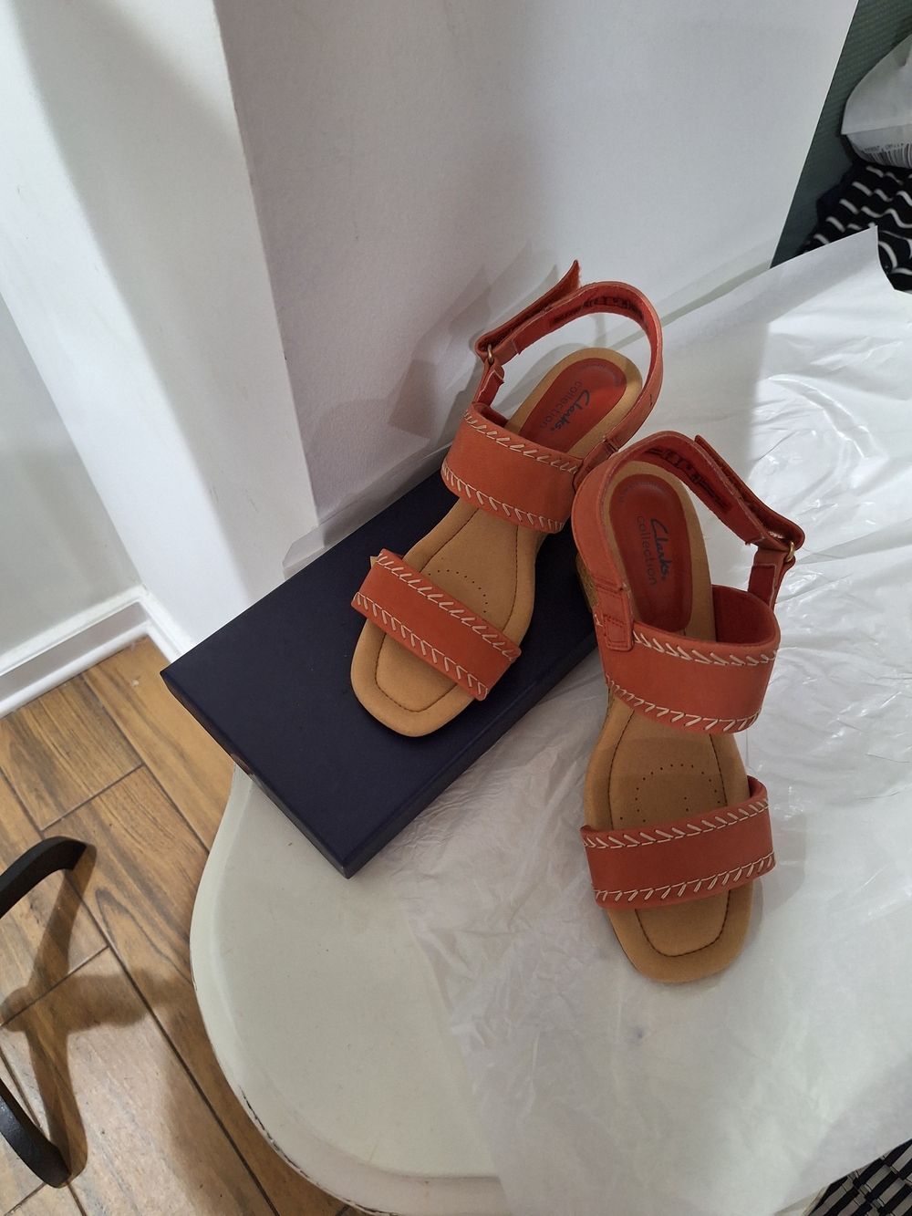 Clarks Orange Leather Wedge Sandals with Contrast Stitching - Picture 2 of 4